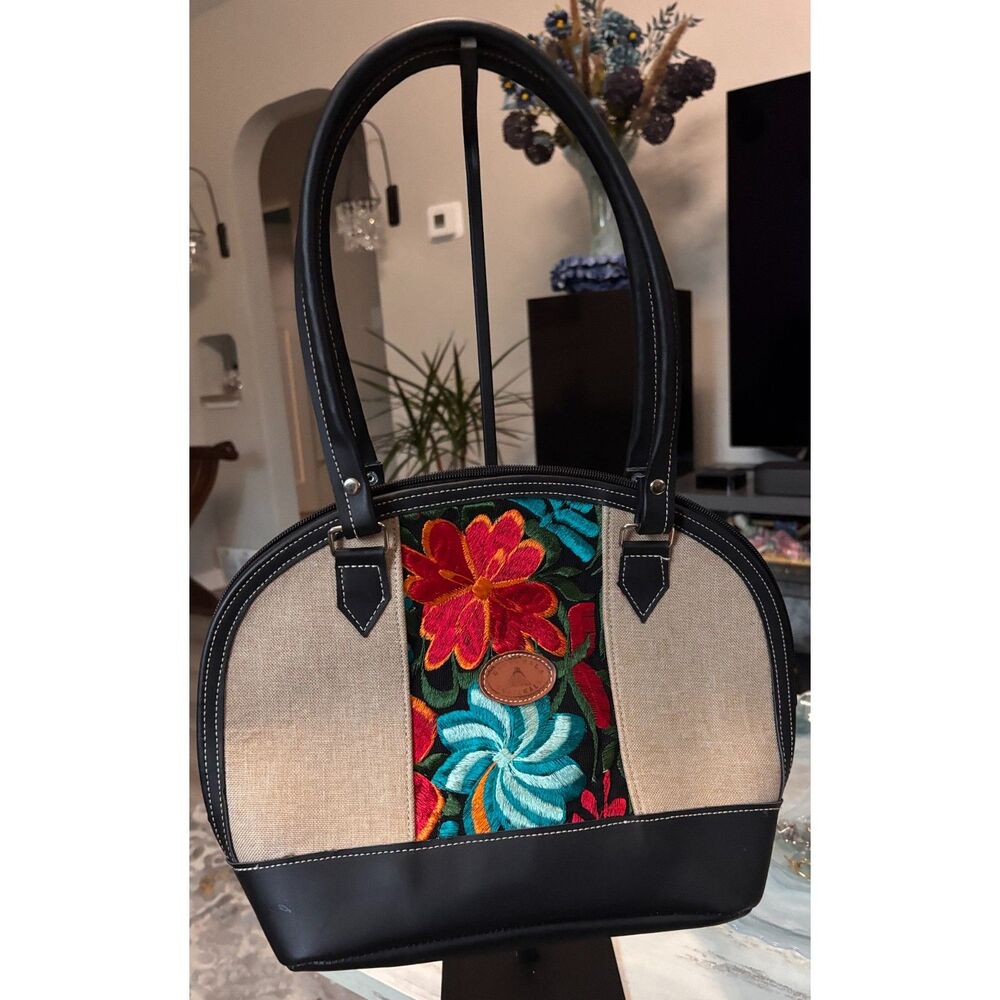 Artisan Guatemalan Handcrafted Floral Embroidery Leather Canvas Tote